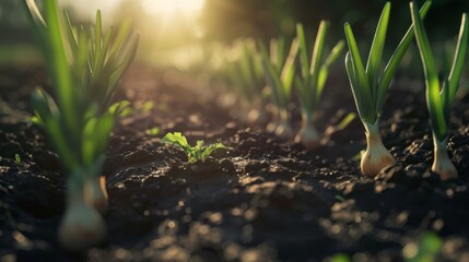 green onions in the ground, farm, organic growing