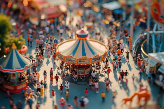 This aerial photo captures the lively atmosphere of a carnival, showcasing a vibrant carousel and various thrilling rides, A vibrant crowd of youngsters at a bustling amusement park, AI Generated