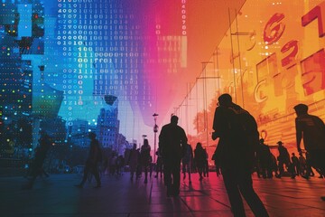 A diverse group of individuals walking down a bustling city street lined with towering skyscrapers, A vibrant display of social accounting and its societal impact, AI Generated