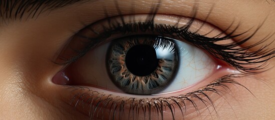 Naklejka premium A closeup of a womans brown eye with long eyelashes, showcasing the intricate details of the iris and delicate nerves within the human body