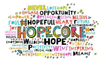 Hopecore wordcloud. Creative landscape poster with hashtags. - 761678268