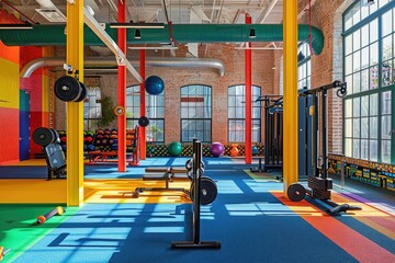 A spacious indoor gym filled with a diverse selection of exercise machines and equipment for various workouts, A vibrant gym with multi-colored equipment, AI Generated