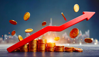 3d render chart arrow and flying coins. Red flexible falling down stock arrow icon. Financial