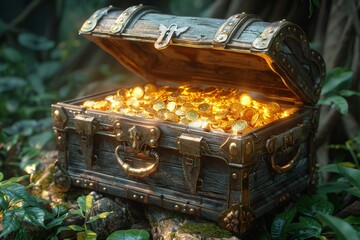 Trunk of Gold Coins in Lush Forest