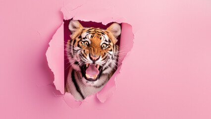 A playful tiger roars through a torn pink paper, exhibiting both ferocity and playfulness - obrazy, fototapety, plakaty