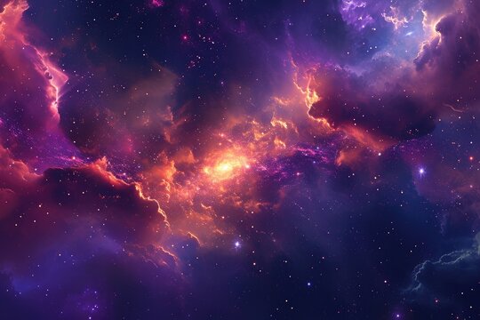 Vibrant Space Filled With Colorful Stars and Clouds, A vibrant interstellar cloudscape unfolding in the heart of a galaxy, AI Generated