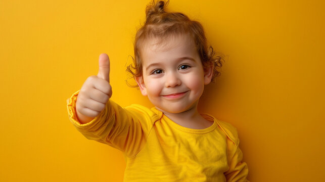 A toddler giving a thumbs up on yellow background