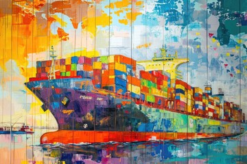 This photo depicts a detailed painting of a bustling port, showcasing a massive container ship amidst a flurry of activity, A vibrant portrayal of worldwide commerce in action, AI Generated