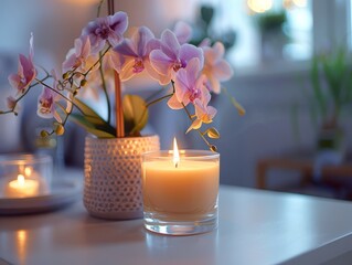 Close up of candle glass jar with burning candle and pot with pink orchid flower.