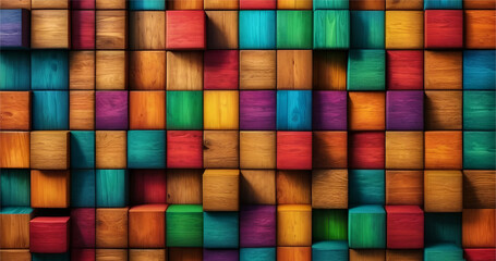 3D Rainbow various wood pieces creating an interesting pattern like saqure and rectangle. colorful wooden square cubes - obrazy, fototapety, plakaty