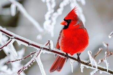 A red bird sits on a branch covered in snow, blending beautifully with the winter scenery, A vibrant red cardinal sitting on an icy tree branch, AI Generated