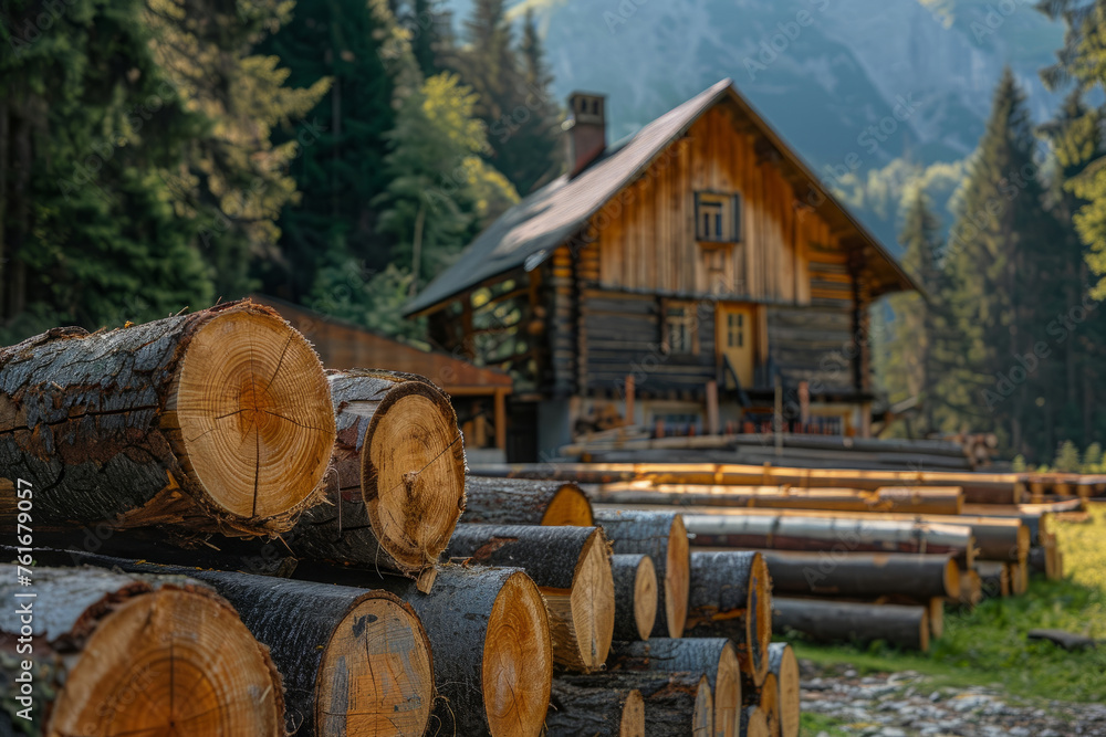 Poster a log cabin with a pile of logs in front of it. the cabin is surrounded by trees and the logs are st