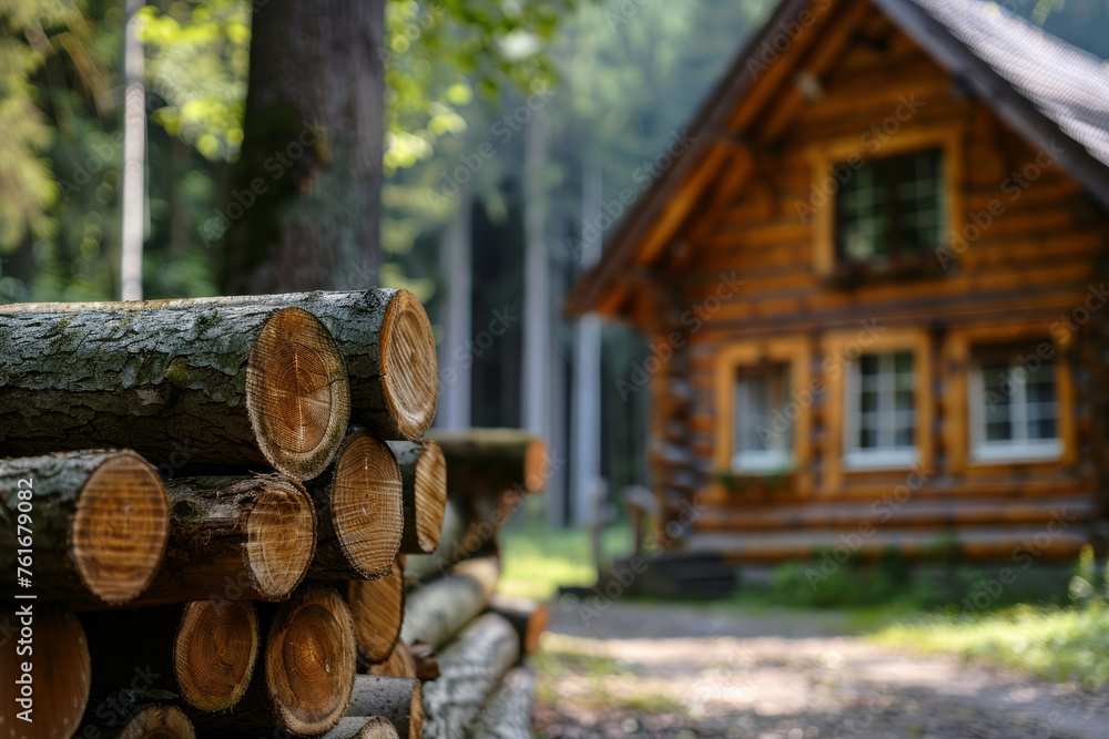 Poster a log cabin with a pile of logs in front of it. the cabin is surrounded by trees and the logs are st