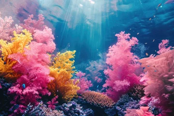 Foto op Aluminium Colorful Underwater Scene of Corals and Seaweed, A vibrant underwater coral reef brimming with a riot of color, AI Generated © Iftikhar alam