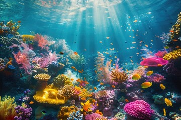 An underwater view showcasing the vibrant colors of a diverse coral reef, A vibrant underwater coral reef brimming with a riot of color, AI Generated