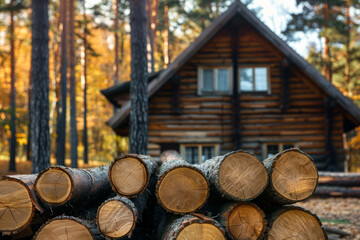 A log cabin with a pile of logs in front of it. The cabin is surrounded by trees and the logs are stacked in they are ready to be used. Close-up of timbers with a wooden house and forest on background