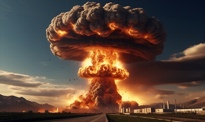 A massive nuclear explosion, billowing smoke and fire to the heavens.