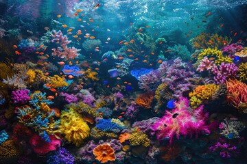 Naklejka na ściany i meble This photo captures the beauty of a vibrant coral reef teaming with diverse marine life under the sea, A vibrant underwater coral reef brimming with a riot of color, AI Generated