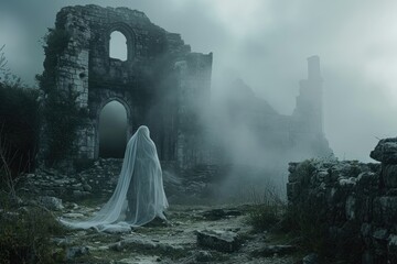 A ghostly figure stands in front of a decrepit and abandoned building, shrouded in darkness and mystery, A Victorian era ghost, translucent and mourning, among the ruins of a castle, AI Generated
