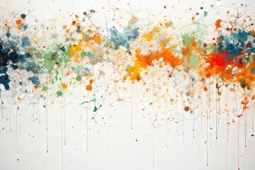 Colorful paint splatters on white wall for artistic texture and creativity concept