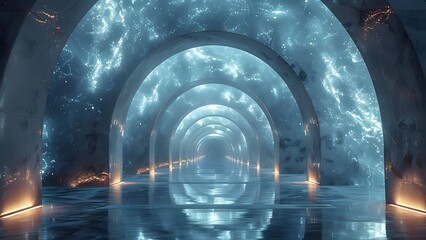 Science fiction arches lit by innovative blue lighting.