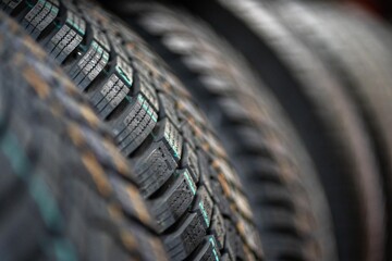 Close-up of rubber tires for the summer or winter season of different thicknesses and diameters on racks in a warehouse of a shop, the store or in the workshop