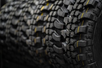 Close-up of rubber tires for the summer or winter season of different thicknesses and diameters on racks in a warehouse of a shop, the store or in the workshop
