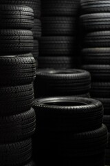 Close-up of rubber tires for the summer or winter season of different thicknesses and diameters on...