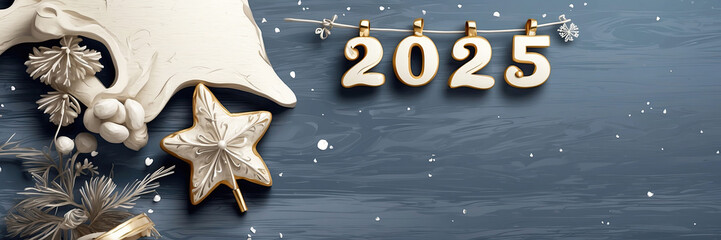 Happy New Year illustration - golden letters and numbers 2025 on festive Christmas background with sequins, stars, snow. Greetings, postcard. Calendar, cover.
