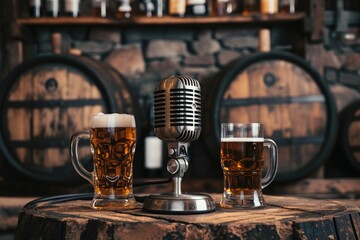 A microphone and two mugs of beer are placed on a table, A vintage microphone flanked by beer mugs...