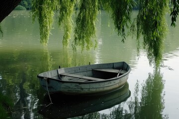 Naklejka na ściany i meble A small boat peacefully floating on a calm lake, next to a solitary tree, A vintage row boat floating idly over a mirror-like pond, under hanging willow branches, AI Generated