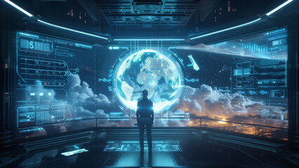 Person Observing Holographic Earth in Futuristic Interface