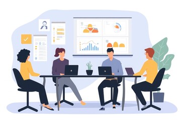 Diverse Group of People Working on Laptops at a Table in a Modern Office, A virtual meeting room filled with digital marketers discussing strategies, AI Generated