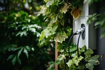 Fototapeta premium Electric vehicle charging station with eco-friendly green energy power supply and technology concept
