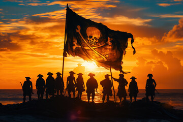 Pirate crew with a jolly roger flag at sunset on a beach
