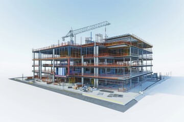 A photograph of a massive building featuring a prominent crane positioned on its rooftop, A virtual reality model of a building under construction, AI Generated