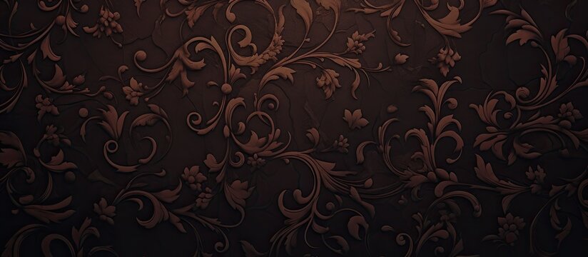 A dark brown background with a floral pattern on it, featuring magenta colored flowers. The intricate design creates a beautiful contrast against the darkness, resembling art on soil