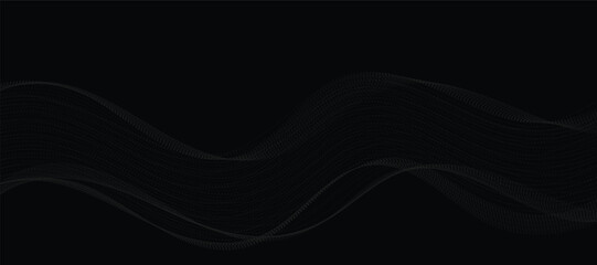 Abstract grey wavy lines on a black background. Vector modern black background template. Dotted wave lines.	