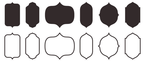 Collection of traditional Islamic window shapes. Set of Mosque Muslim frames in silhouette and outline