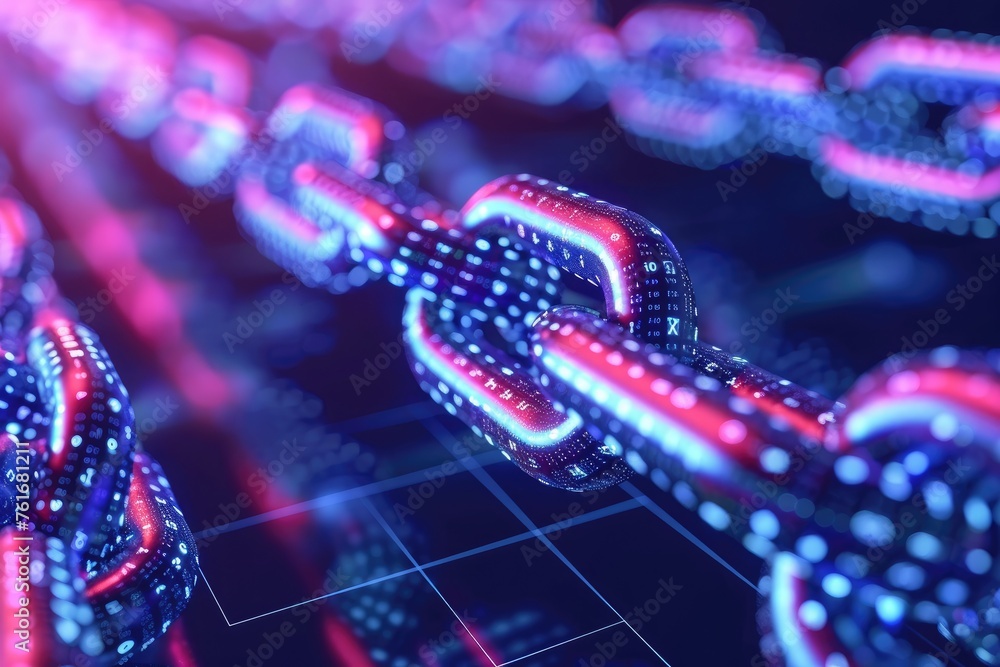 Poster a red and blue link is connected against a black background, a visual representation of a cryptograp