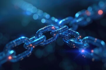 A close-up photo of a shiny blue chain against a blurry background, A visual representation of a cryptographic blockchain, AI Generated