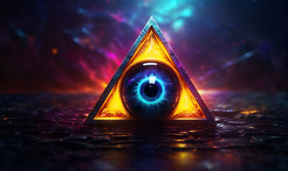 A human eye in a triangle surrounded by a dark astral background emitting bright neon colors - obrazy, fototapety, plakaty