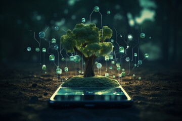 Smartphone social media icons sprouting vibrant digital forest, seamless connectivity concept