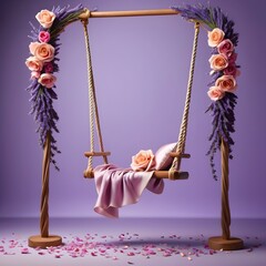 The swing's ropes are entwined with ribbons of lavender and rose petals, swaying with the gentle...