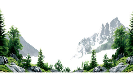 a banner model in the form of two standing mountains located on the right and left side complete with green forest, leaving a large empty space above it, white background - obrazy, fototapety, plakaty