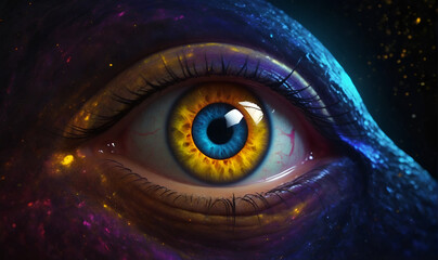 A human eye in bright colors surrounded by a dark astral background emitting bright neon colors