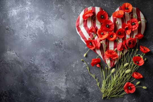 A heart-shaped box filled with vibrant red flowers creates a visually striking and romantic display, A background depicting a heart-shaped American flag and poppies for Memorial Day, AI Generated