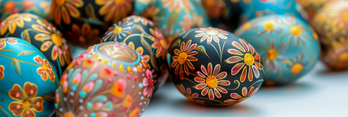 Fototapeta na wymiar A side view of the unusual bright, multicolored and black-flowered Easter eggs. Creative painting with paints and a brush. The banner