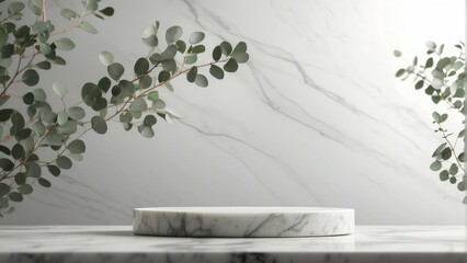 Elegant Marble Podium with Fresh Eucalyptus Natural Mockup for Cosmetic Product Advertising