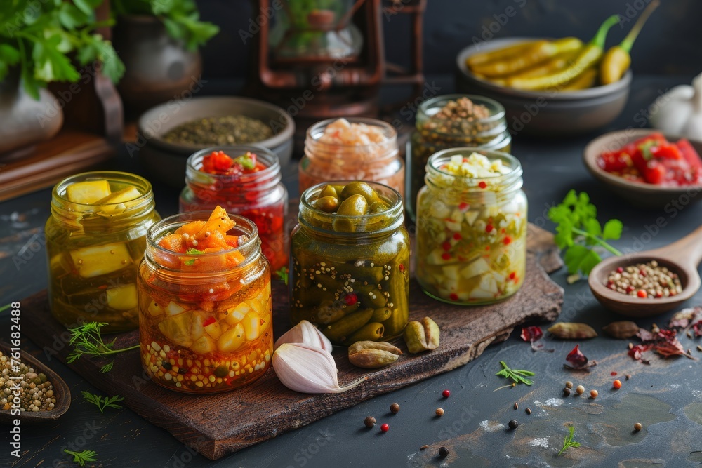 Aufkleber a table is filled with various types of food neatly arranged in jars, a beautiful composition of dif